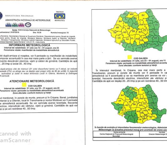 ATENȚIONARE METEOROLOGICĂ! averse torențiale, frecvente descărcări electrice, vijelii și căderi de grindină!