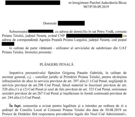 Plângere penală contra secretarului comunei Poiana Teiului