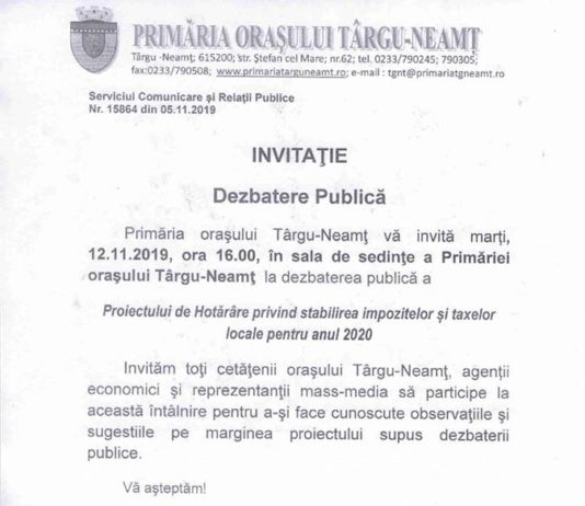 Primăria Târgu Neamț invită la dezbatere publică pe tema impozitelor și taxelor locale din 2020