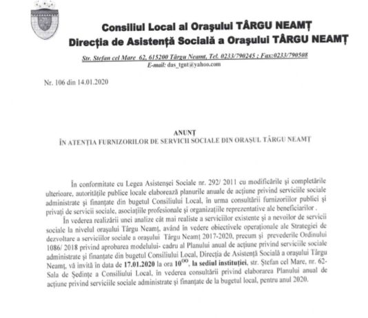 Furnizorii de servicii sociale din Târgu Neamț, chemați la consultări