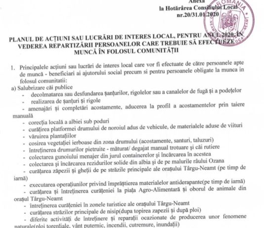 Munca în folosul comunității, plan pentru anul 2020 în Târgu Neamț