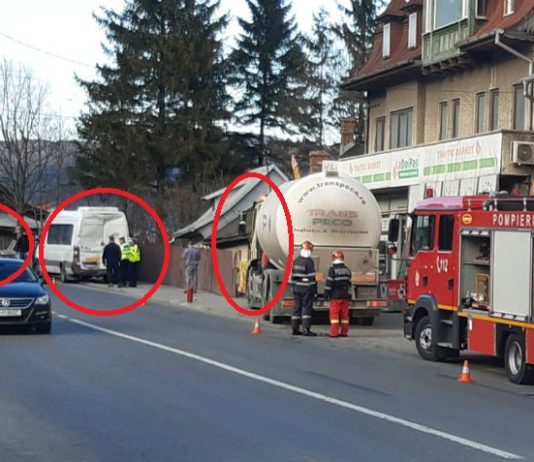 Accident la Busteni, pe DN1, intre o platforma auto, un microbuz si o autocisterna