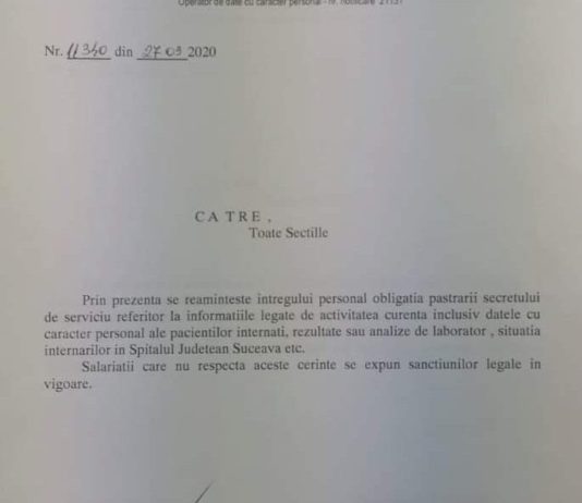 Managerul interimar al Spitalului Judetean de Urgenta „Sfantul Ioan cel Nou” Suceava doreste stoparea informarii din infernul de la Suceava/ Incalcarea Legii 182/2002 privind protectia informatiilor clasificate art 33