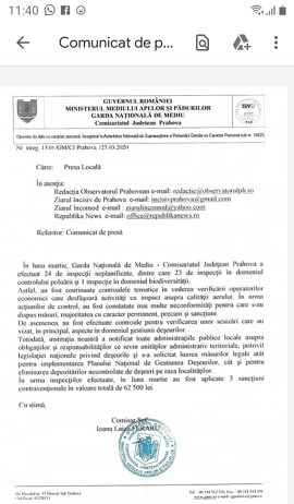 Activitatea Garzii de Mediu – Comisariatul Judetean Prahova/Comunicat de Presa