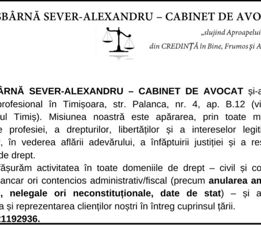 ANUNT – Dr. SBÂRNĂ SEVER-ALEXANDRU – CABINET DE AVOCAT