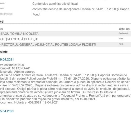 O noua dezvaluire a ziarului Incisiv de Prahova confirmata de instanta/Un nou abuz al directorului Adrian Vaida de la Politia Locala Ploiesti este sanctionat aspru de „instantele de judecata”/Pana cand va mai ramane hartuitorul – dovedit – la comanda institutiei? – Ziarul Incisiv de Prahova