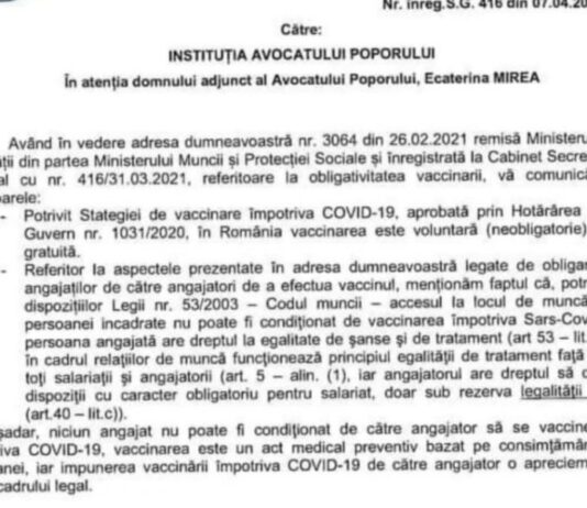 Ministerul Muncii a confirmat/Vaccinarea nu poate fi obligatorie/Impunerea vaccinării împotriva COVID-19 de către angajator nu este într un cadru legal – Ziarul Incisiv de Prahova