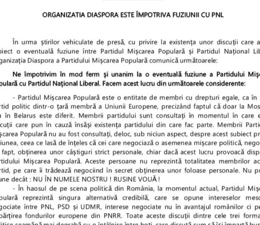 ORGANIZATIA DIASPORA ESTE ÎMPOTRIVA FUZIUNII CU PNL/ORGANIZATIA DIASPORA este alaturi de Presedintele Cristian Diaconescu si IMPOTRIVA “puciștilor” din PMP/Lovitura de teatru pentru gruparea de crima organizata din PMP – Ziarul Incisiv de Prahova
