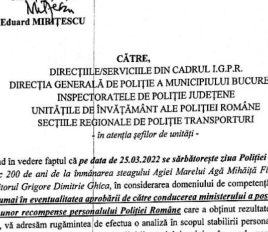 „Suntem curioși dacă șefii colegilor noștri din teritoriu se vor face că plouă și că nu vor avea posibilitatea să identifice subordonați care s-au remarcat în mod deosebit în activitatea profesională”
