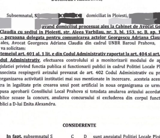 ANFP a fost sesizata, prin Cabinet Avocat, cu privire la ilegalitatile de la Politia Locala Ploiesti/Se solicita excluderea din corpul functionarilor publici a lui Enita Alexandru