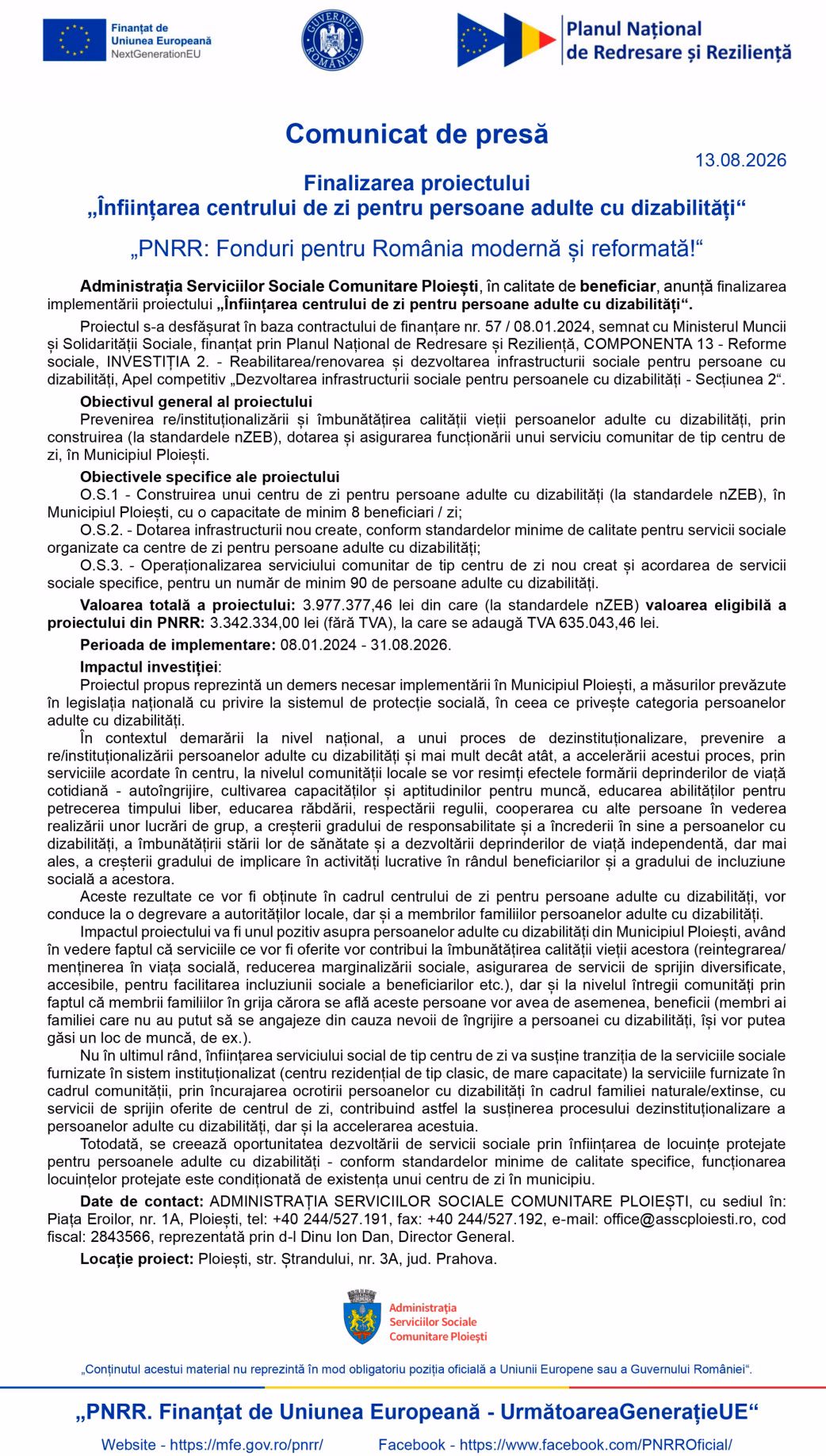 Finalizarea proiectului „Înființarea centrului de zi pentru persoane adulte cu dizabilități“